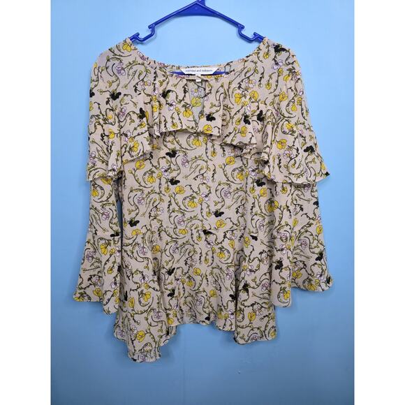 Cupcakes and Cashmere Beige & Multi Floral Ruffle Collar Bell Sleeve Top Large - Picture 1 of 5